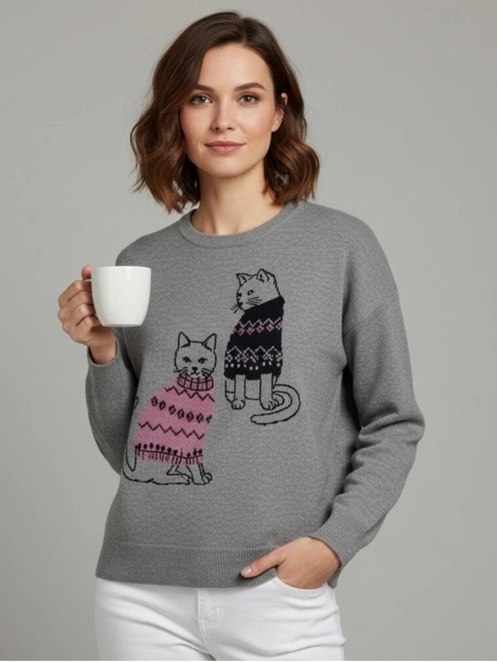 Belldini Gray Cat Graphic Sweater Kittens Kitty Lover Cat Mom Cottagecore